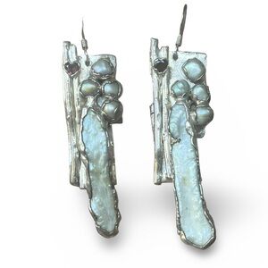 Pure Silver Artisan Freshwater Pearl, Gray Pearl and Garnet Earrings By C+R